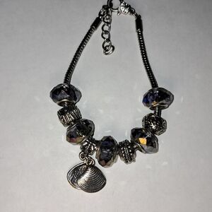 Seashell Charm & Iridescent Purple Bead Bracelet (Silvertone)